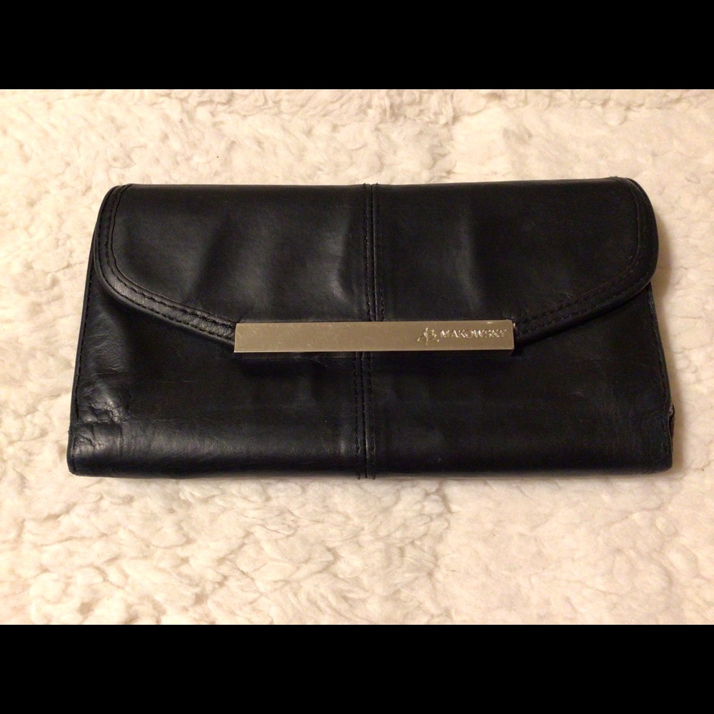 B. Makowsky Black Leather Long Wallet Clutch with Animal Print Lining